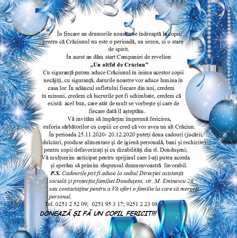 Tradițional în această perioadă lansăm Campania de revelion. Vă îndemnăm să fim mai buni, mai receptivi, împreună să aducem zâmbetul pe chipul copiilor nevoiași!