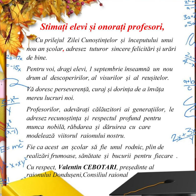 Mesaj de felicitare cu prilejul Zilei Cunoștințelor și începutul unui nou an școlar
