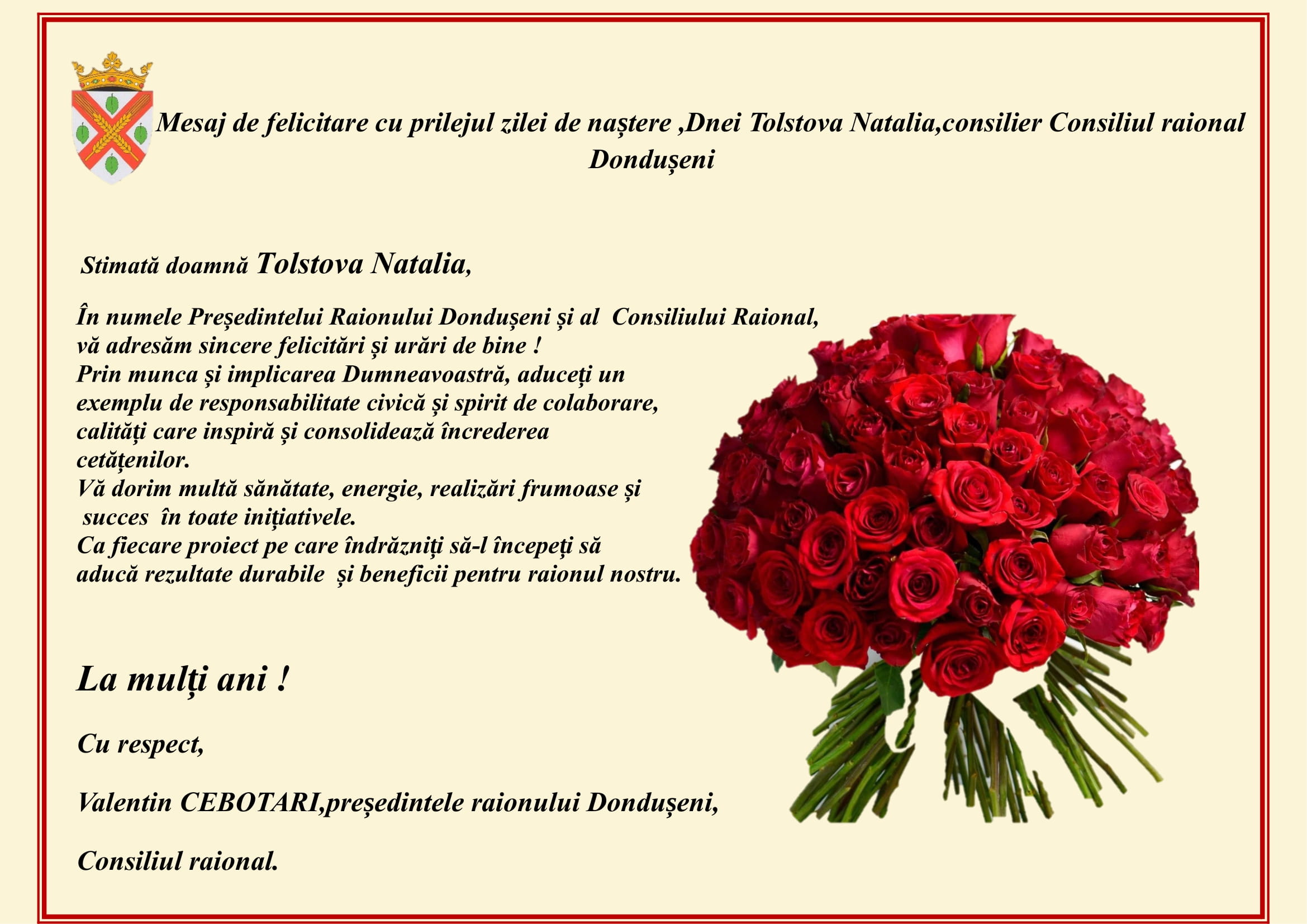 Mesaj de felicitare dnei Tolstova Natalia ,consilier consiliul raional Dondușeni,cu prilejul zilei de naștere