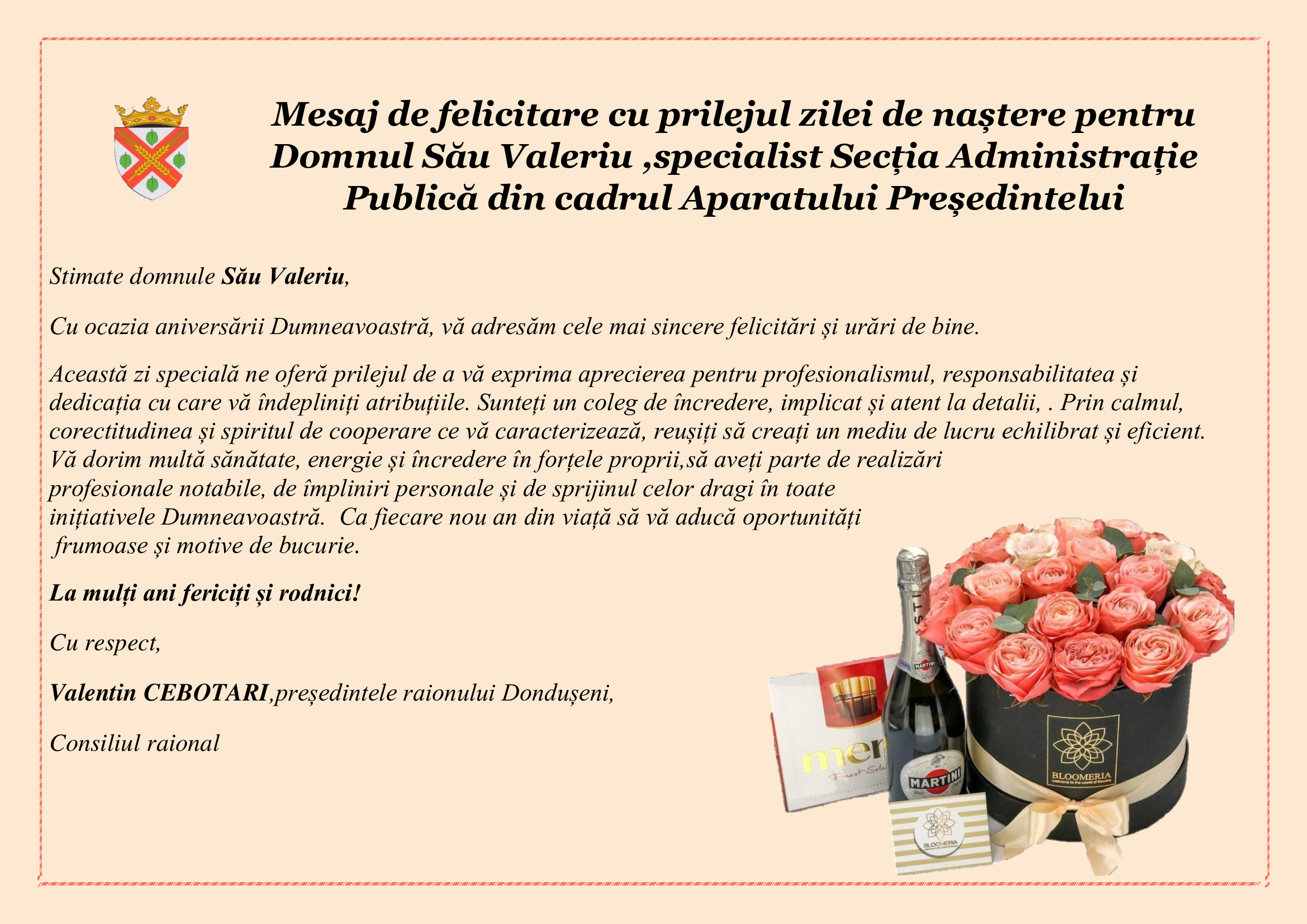 Mesaj de felicitare Domnului Său Valeriu, specialist Secția Administrație Publică din cadrul Aparatului Președintelui