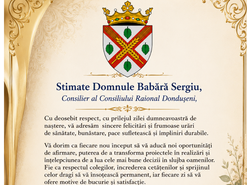 Mesaj de felicitare cu prilejul zilei de naștere pentru dnul Babără Sergiu, consilier Consiliul raional Dondușeni